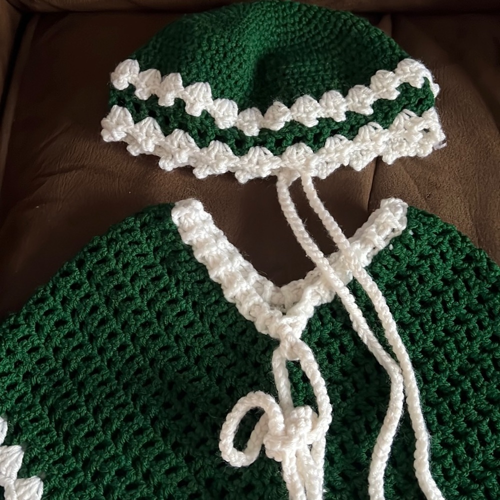 Handmade poncho and hat set. Great for the Holidays and St. Patrick’s Day.